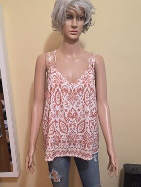 Women's Cream and Rust Printed V-Neck Tank Top